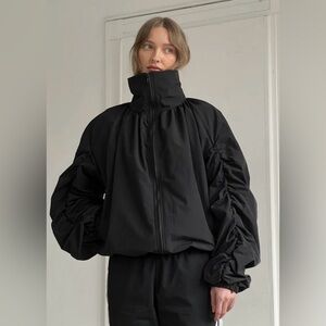 Black Ruched-Sleeve Bomber Jacket